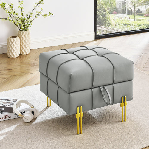 Gray Anti-Scratch Leather Storage Ottoman, Pet-Friendly Bench with Golden Stainless Steel Legs