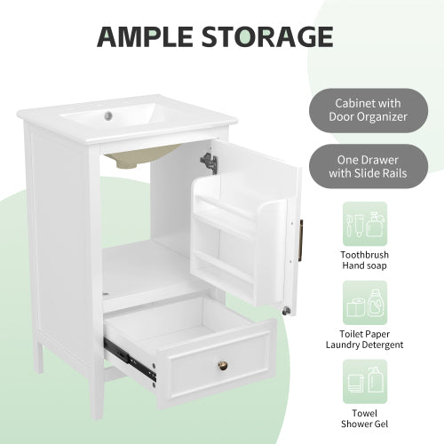 20" Bathroom Vanity with Sink, Bathroom Cabinet with A Door, Door Shelf Storage and Adiustable Foot Pads, A Drawer, White