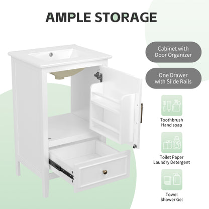 20" Bathroom Vanity with Sink, Bathroom Cabinet with A Door, Door Shelf Storage and Adiustable Foot Pads, A Drawer, White
