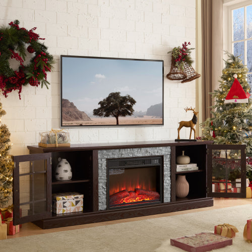 70 Inch TV Stand with Electric Fireplace Cherry Faux Stone Media Console