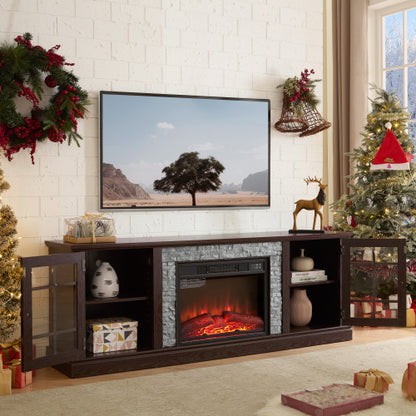 70 Inch TV Stand with Electric Fireplace Cherry Faux Stone Media Console