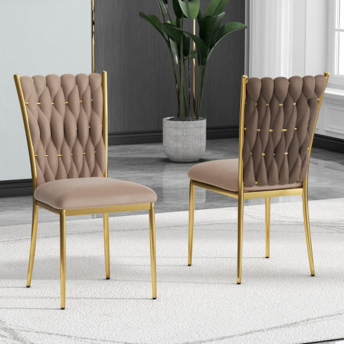 Velvet Upholstered Dining Chairs with Metal Legs, Set of 2, Brown