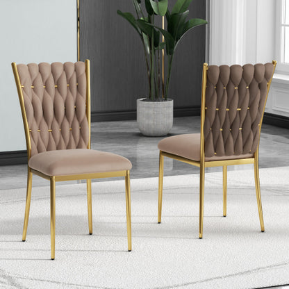 Velvet Upholstered Dining Chairs with Metal Legs, Set of 2, Brown