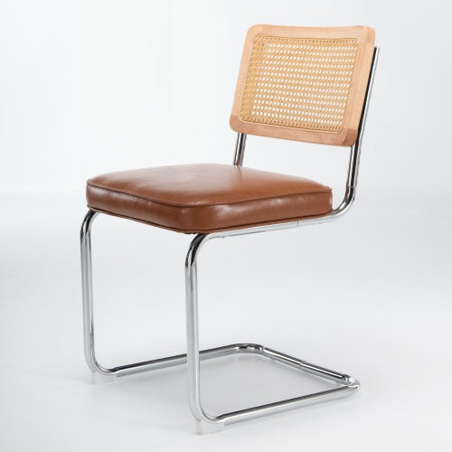 Set of 2 Mid-Century Cane Rattan Dining Chairs, Solid Wood Frame, Olive Faux Leather Seat, Cantilever Chrome Metal Base