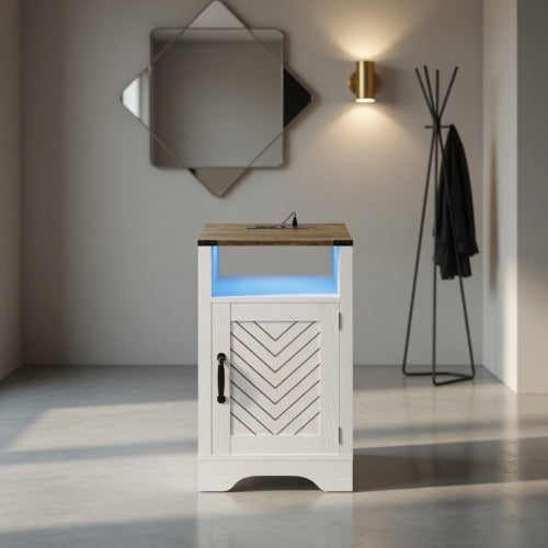 LED Nightstand with Charging Station, White & Rustic Oak Farmhouse Bedside Table 16inch x 16inch x 25inch