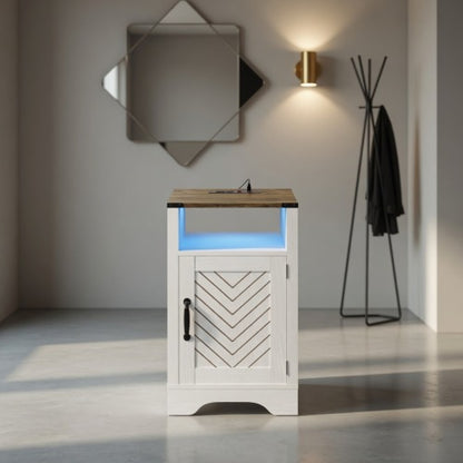 LED Nightstand with Charging Station, White & Rustic Oak Farmhouse Bedside Table 16inch x 16inch x 25inch