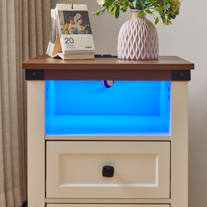 White Farmhouse Nightstand with Charging Station