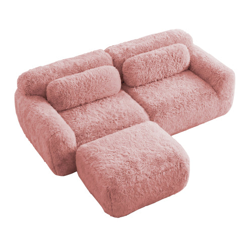 Pink L-Shaped Plush Boneless Sofa with Chaise,32D Sponge,Throw Pillows,No Assembly