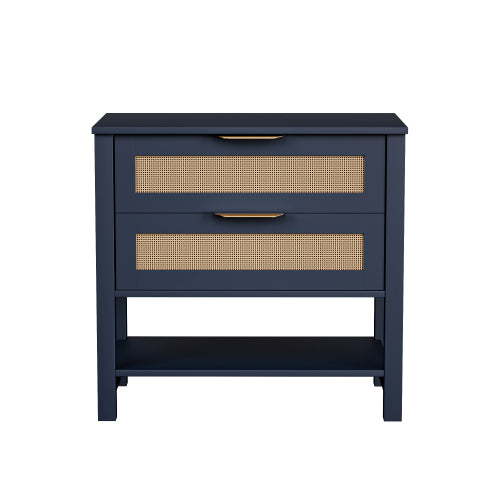 Boho Rattan Nightstand with 2 Drawers & Open Shelf