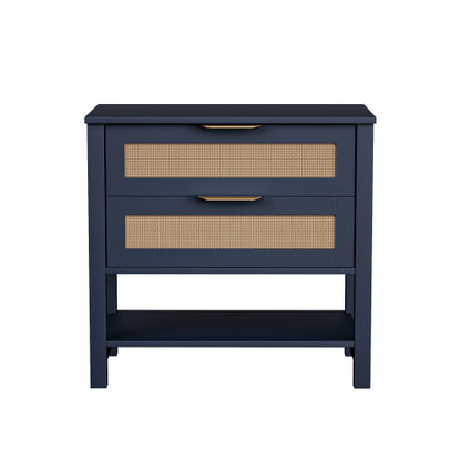 Boho Rattan Nightstand with 2 Drawers & Open Shelf