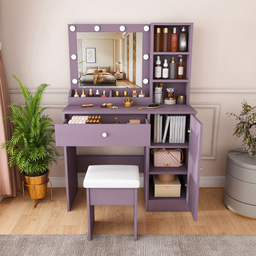 Purple Vanity Desk Set with Padded Stool & Adjustable Lighted Mirror, 8 Round Bulbs, 3 Color Modes, Modern Bedroom