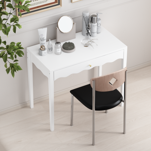 White 35.43inch  Vanity Desk with Drawer ¨C Modern Makeup Table with Scalloped Front & Gold Knob, Compact Writing Desk with 4 Sturdy Legs for Bedroom, Small Home Office & Apartment Spaces