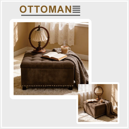 Dark Brown Tufted Square Storage Ottoman with Nailhead Trim, Upholstered Accent Foot Stool