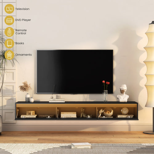Black Wall Mount High Gloss Floating TV Cabinet with Touch LED Strip & Power Outlet