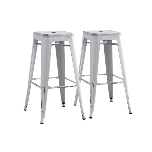 Backless Modern Light Weight Industrial Contemporary Rustic Vintage Costal Metal Bar Stools Without Back and 4 Leg Design (Set of 2) (30inch Seat, Distressed White)