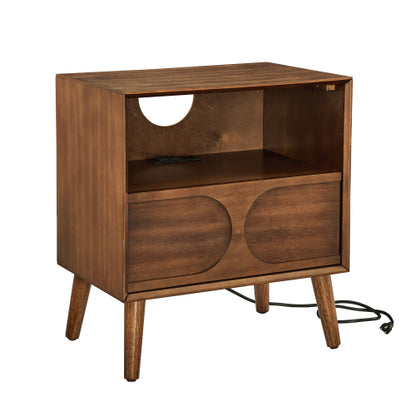 Mid Century Modern Fluted Nightstand with Charging Station USB Ports & Outlet Hole & 4 Solid Wood Legs, Farmhouse End Table with Open Space and Drawer Dresser, Walnut