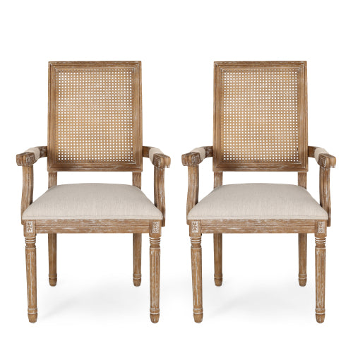 Set of 2 French Country Cane Back Dining Arm Chairs, Rubberwood Fluted Legs, Upholstered Polyester Seat