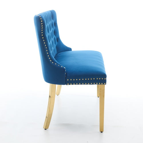 Velvet Double Dining Loveseat Bench, Kitchen & Dining Seating, 2-Seat Tufted Bench w/Handmade Buttons, Wing Back, Gold-Plated Steel Legs, Mid Century Modern,Single Pack,Blue
