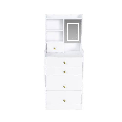White 3-in-1 Dressing Table with LED Mirror & Storage Stool, 4 Drawers, Storage Cabinet, Open Bookshelf