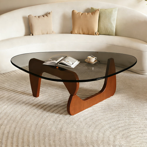 35.8 Inch Mid Century Glass Coffee Table, Walnut Base Modern Accent Table for Living Room Bedroom & Office