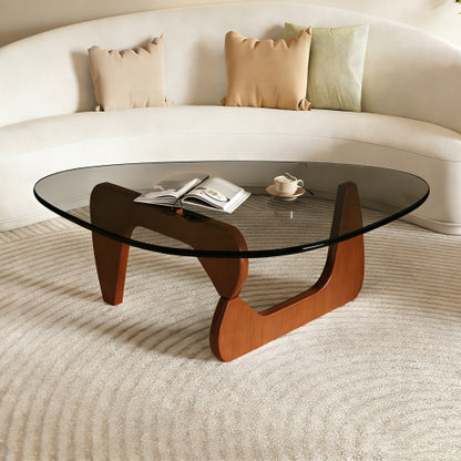 35.8 Inch Mid Century Glass Coffee Table, Walnut Base Modern Accent Table for Living Room Bedroom & Office