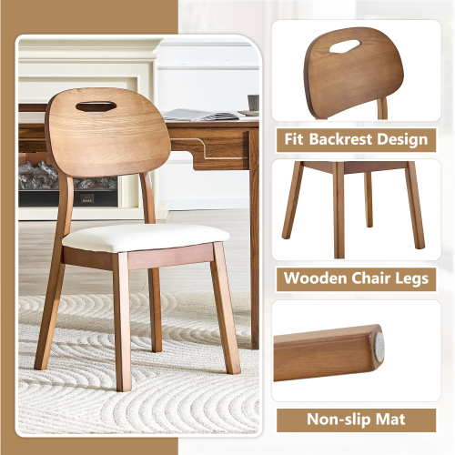 Set of 2 Walnut Solid Wood Dining Chairs, Curved Hollow Back with White PU Cushion