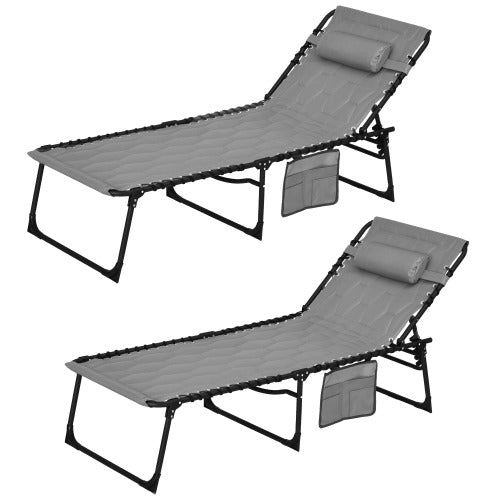 Outsunny Folding Chaise Lounge Set with 5-level Reclining Back, Outdoor Lounge Tanning Chair with Padded Seat, Side Pocket & Headrest for Beach, Yard, Patio, Gray