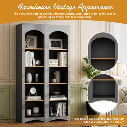 72''H Grey Farmhouse 5-Tier Combined Bookshelf Adjustable Shelf Home Pantry Storage Cabinet Set