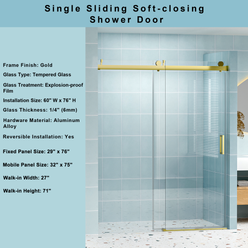56" - 60" W x 76" H Frameless Soft-closing Single Sliding Shower Door, 1/4" (6mm) Tempered Glass with Explosion-proof Coating via Express Delivery, Gold 24D01-60GX