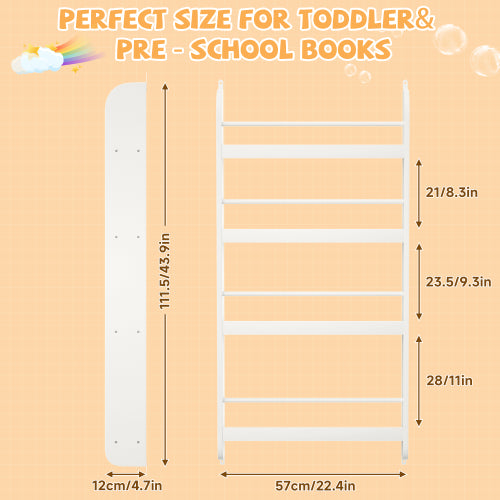 4-Tier Wall-Mounted Kids Bookshelf Anti-Tip Design High Safety Space-Saving Nursery Toy Book Organizer