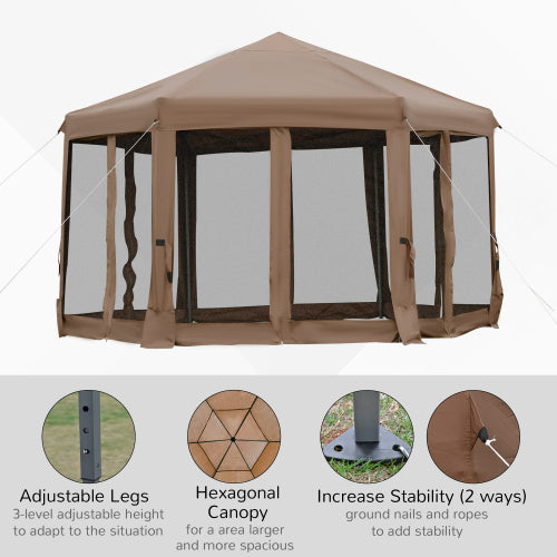 Outsunny 13' x 11' Hexagonal Pop Up Gazebo, Heavy Duty Outdoor Canopy Tent with 6 Mesh Sidewall Netting, 3-Level Adjustable Height and Strong Steel Frame, Brown