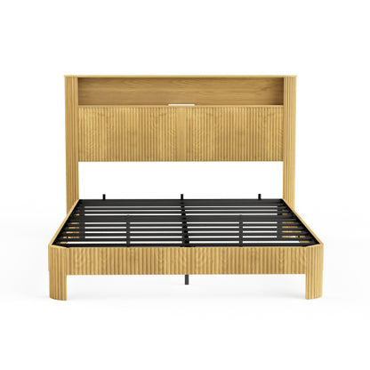 Queen Size bed frame with storage headboard, built-in charging station, wavy curved lines design, silent operation, metal support, Natural