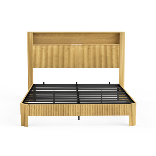 Queen Size bed frame with storage headboard, built-in charging station, wavy curved lines design, silent operation, metal support, Natural