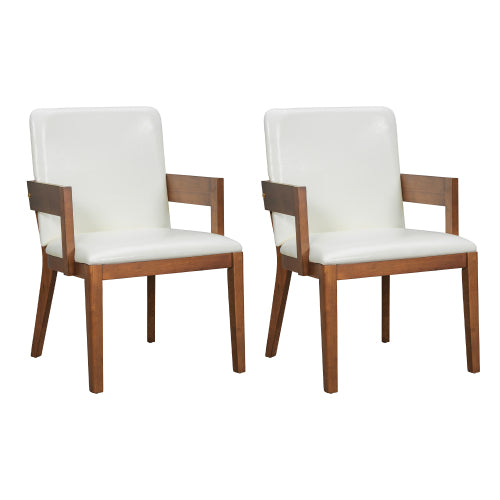 Set of 2 Modern Dining Chairs, Walnut Hardwood Frame with White Glossy PU Leather Upholstery