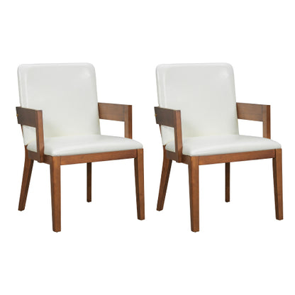 Set of 2 Modern Dining Chairs, Walnut Hardwood Frame with White Glossy PU Leather Upholstery