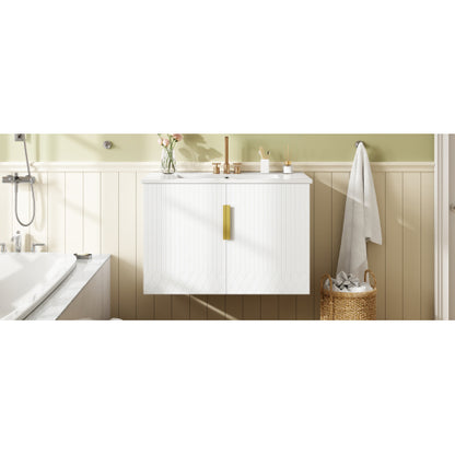 30" Vintage Bathroom Vanity with Ceramic Sink, with 3 Holes Single Ceramic Sink, Bathroom Storage Vanity Cabinet with 2 Soft Closing Doors