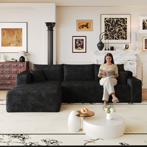 103 inch  Black Plush Corduroy L-Shape Cloud Modular Sofa, No Assembly