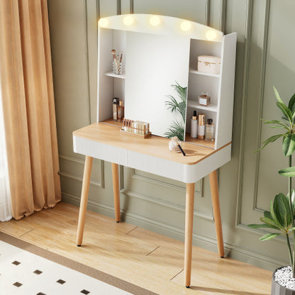 White Small Vanity Desk with Mirror & Lights, Sliding Mirror, 2 Fluted Drawers, 3 Lighting Colors, Natural Wood Accent
