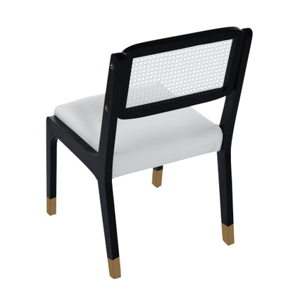 Set of 2 Modern Farmhouse Dining Chairs with Rattan Back, PU Leather Seat and Solid Wood Legs, Black
