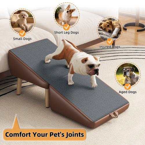 Brown Upgraded 2-in-1 Foldable Wooden Pet Ottoman Dog Ramp, Split Design Pet Steps for Small Dogs & Cats