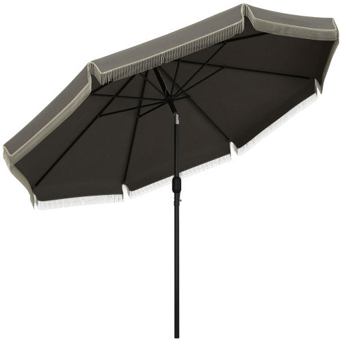 9ft Patio Umbrella with Push Button Tilt and Crank, Ruffled Outdoor Market Table Umbrella with Tassles and 8 Ribs, for Garden, Deck, Pool, Dark Gray