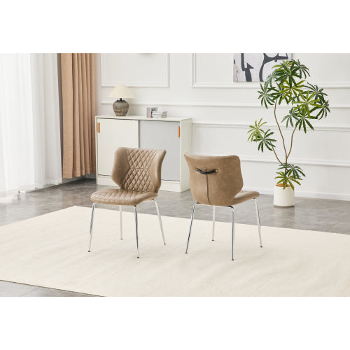 Set of 2 Khaki Crazy Horse Oil Wax Leather Dining Chairs, Electroplated Metal Leg Diamond Tuft High Back Chairs