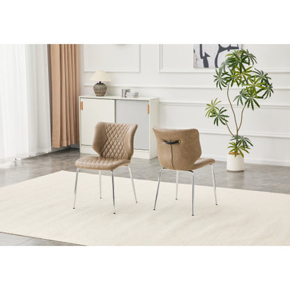 Set of 2 Khaki Crazy Horse Oil Wax Leather Dining Chairs, Electroplated Metal Leg Diamond Tuft High Back Chairs