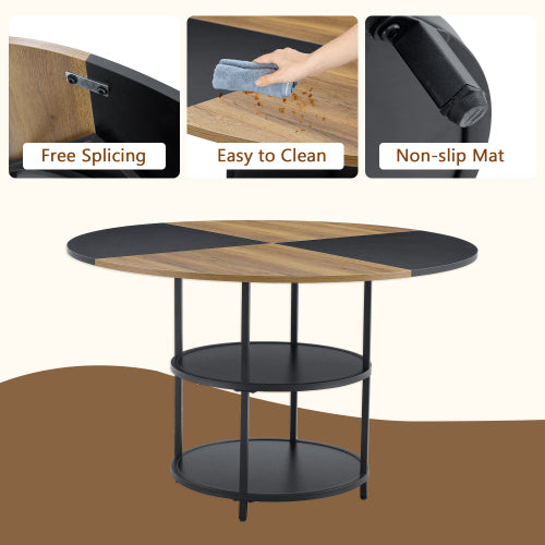 5-Piece Double Storage Round Dining Set, MDF Table & 4 Black Linen-Cotton Chairs