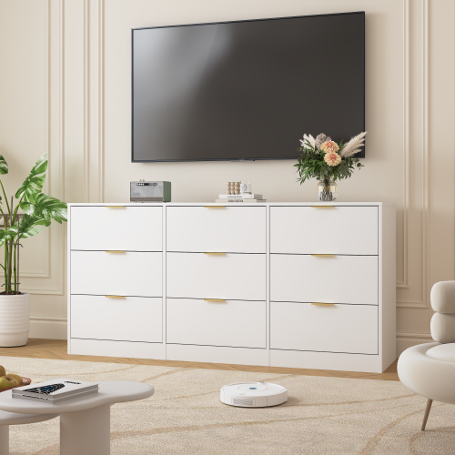 White 9 Drawer Dresser, 63" Large Deep Chest of Drawers, Wooden Dresser Storage Cabinet with 9 Drawers for Bedroom, Long Dressers for Living Room, Hallway