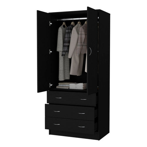 Armoire, with 2 doors, 3 drawers and 1 hanging rod, Black