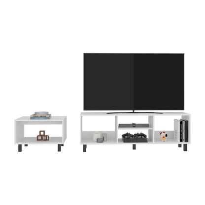 White Matching TV Stand & Coffee Table Set with Open Storage Shelves