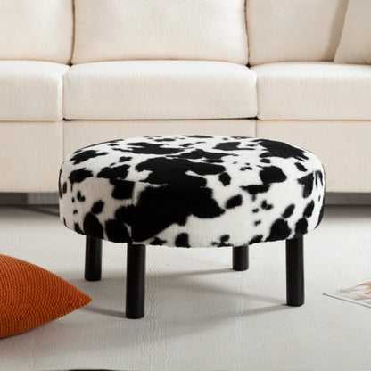27.56 inch Round Faux Rabbit Fur Ottoman, Solid Wood Leg Upholstered Footrest Extra Guest Seat