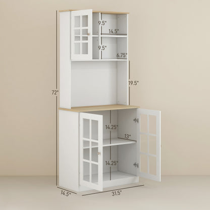 Kitchen Pantry Cabinet, 72 inch Freestanding Storage Cabinet with Hutch, Large Countertop, Glass Doors and Adjustable Shelves, Microwave Cabinet, Coffee Bar Cabinet for Dining Room, White