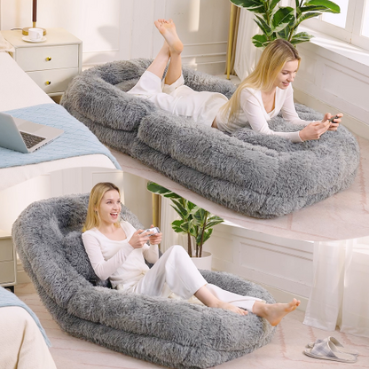 Light Gray 5-Position Adjustable Human-Size Floor Sofa Bed, Plush Faux Fur